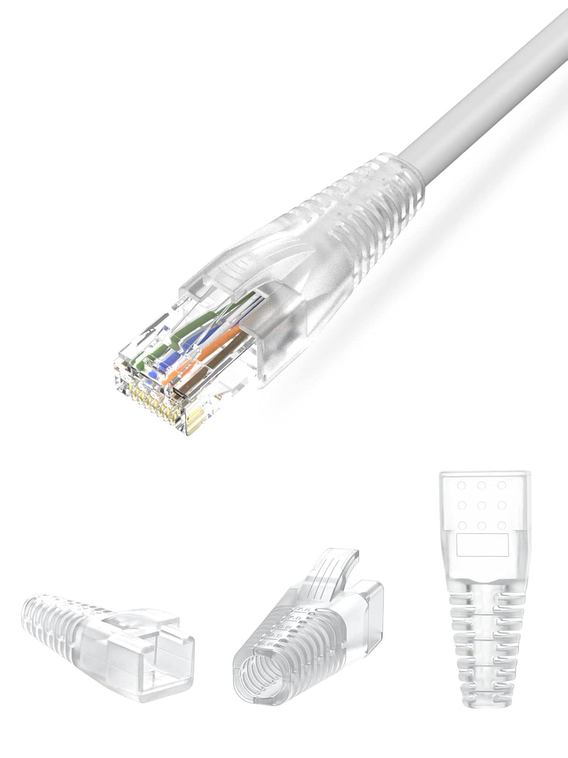 CableCreation RJ45 Ethernet Network Cable Strain Relief Boot 50-Pack Fits Cat5, Cat5e, Cat6, Cat6a, Color Coded Connector Plug Cover for Various Diameter LAN Cable, Transparent