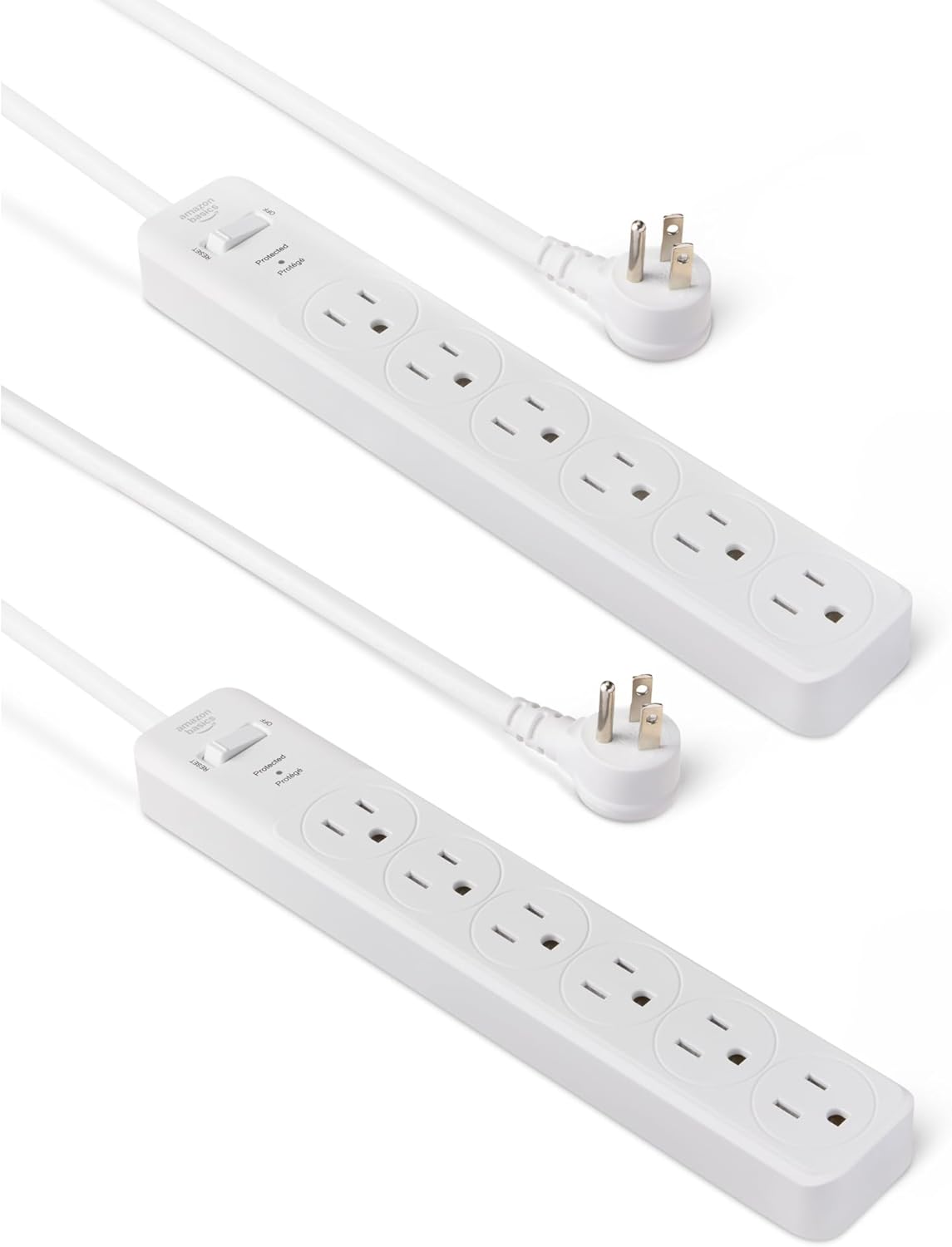 Amazon Basics Rectangle 6-Outlet, 600 Joule Surge Protector Power Strip, 2ft, Small, White, 2-Pack