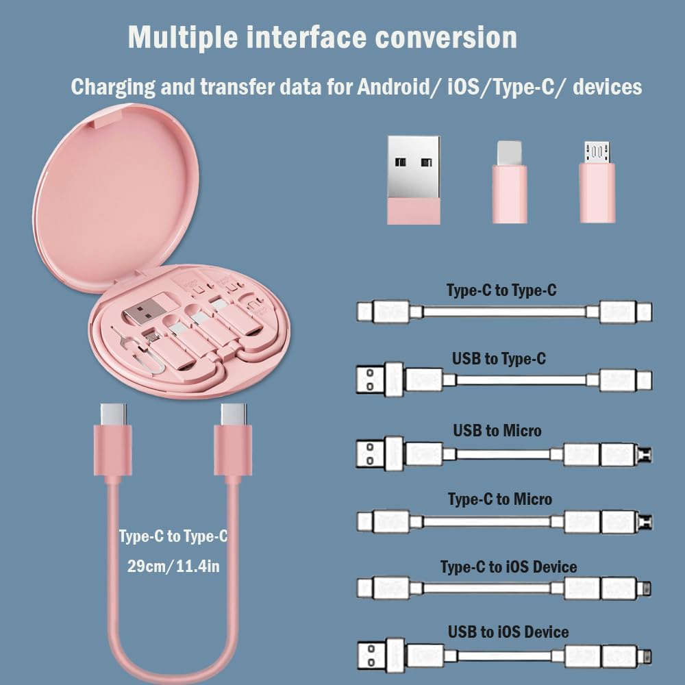 Multi USB C Adapter Kit, Charging Cable Case USB C to Type C/Micro/USB A Converter Contains Card Storage,Phone Holder, Tray Eject Pin for Traveling(Pink)