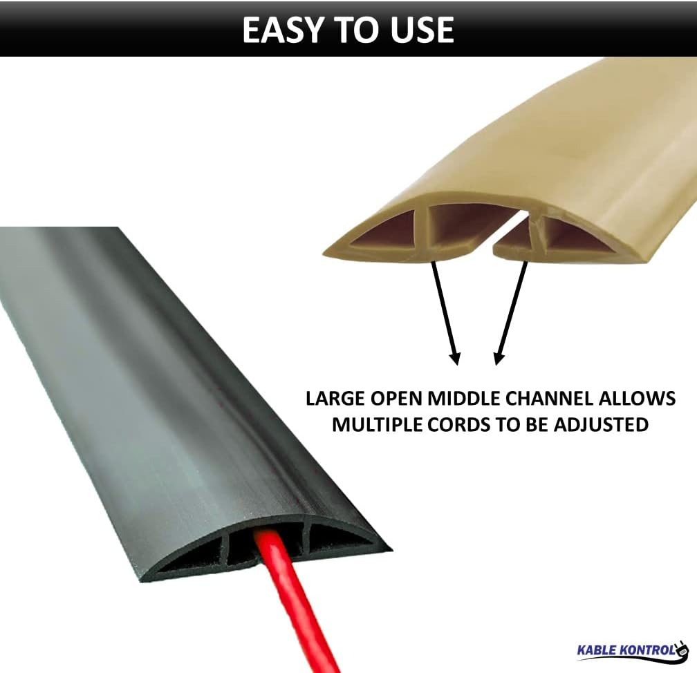 Kable Kontrol Floor Cord Cover kit - 6 Feet Long Black Plastic Cable Protector, Hides Cords and Conceals Wires, for Extension Cord Cable Management, Channel Size 0.75” W x 0.43” H