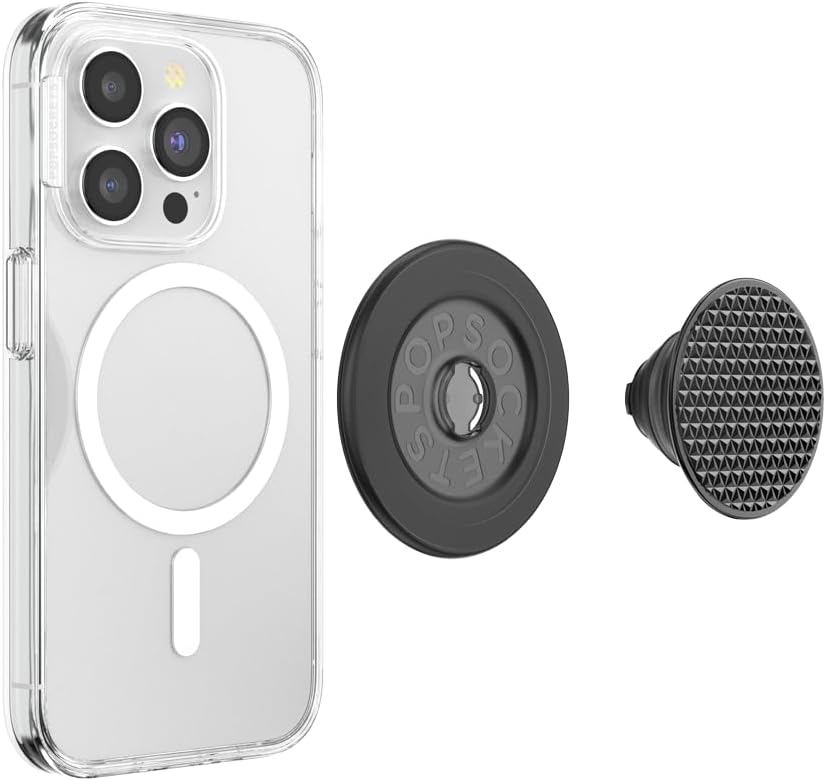 PopSockets Phone Grip for MagSafe with Kickstand, Magnetic Stand, Swappable Top, Secure Hold for iPhone MagSafe Cases, Phone & Tablet Grip - Alum Triangle Knurled Black