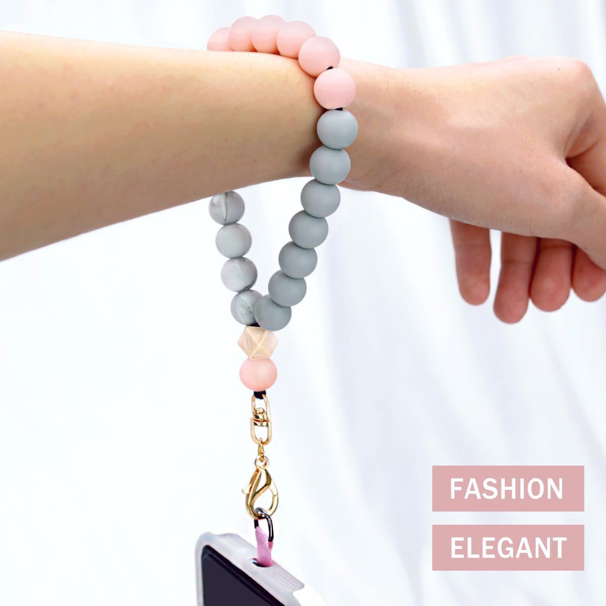 Marble Silicone Beaded Phone Wrist Strap, Cellphone Lanyard with Tether Tab, Elastic Hands-Free Wristlet Bracelet