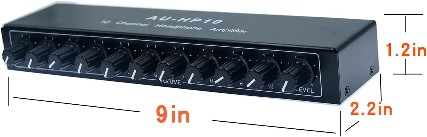 aux Mini Jack TRS 3.5 mm Input 1 in 10 Out Channel Headphone Amplifier Stereo Audio Amp with 12V 1A Power Adapter Distributor Headphone Splitter for Studio and Stage Black