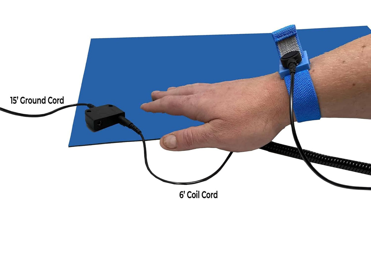 RubberStat Dual Layer ESD Compliant Workstation Rubber Table Mat Kit, Soldering, Cell Phone Repair, with Wrist Strap Set and Ground Cord - 36"x72" Royal Blue