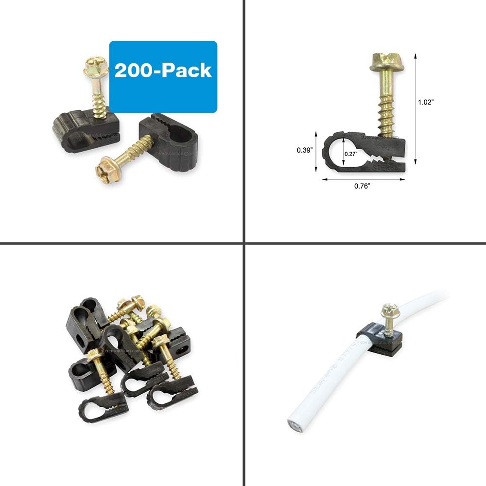 STEREN Coaxial Cable Clips - Cable Holder - Siding Clips for Hanging - Cord Holder for Desk - Cable Clamps - Cord Clip - Wire Organizer Clips - Tv Mount Screws (Black, 200 Count - Single Screw)