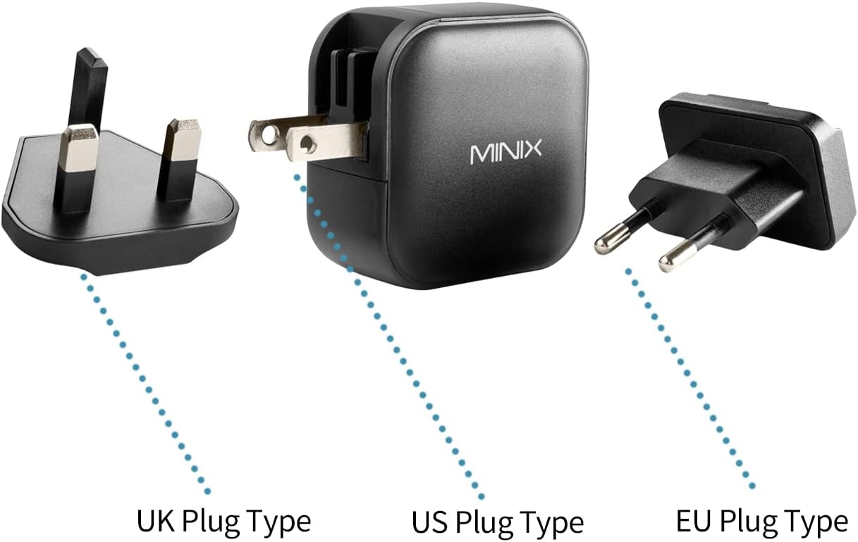 MINIX 66W Turbo 3-Port GaN Wall Charger 2 x USB-C Fast Charging Adapter, 1 x USB-A Quick Charge 3.0, Compatible with MacBook Pro Air, iPad Pro, iPhone 16/15/13/12/11, Galaxy S9 S8 and More (NEO P1)