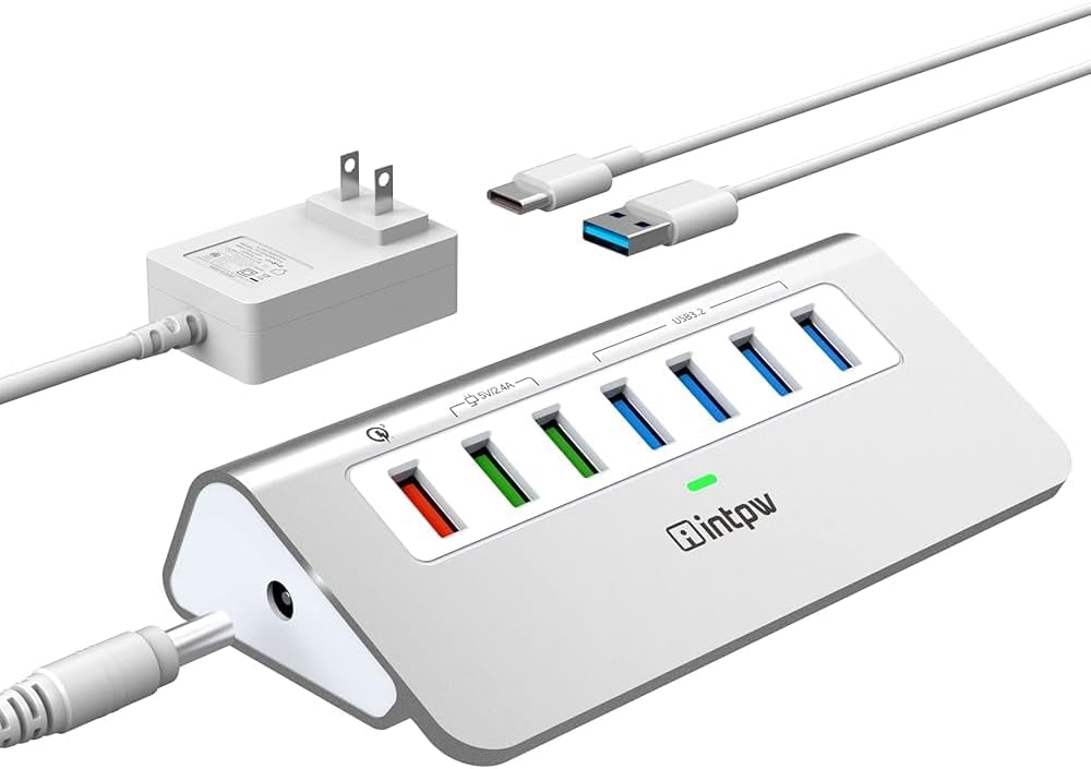 Powered USB Hub 10Gbps, Aluminum 7 Port USB 3.2 Data Hub with 4 USB 3.2 Gen 2 Ports, 3 Fast Charging Ports, 30W Power Adapter, Type A & C Cable for Mac, PC, Laptop