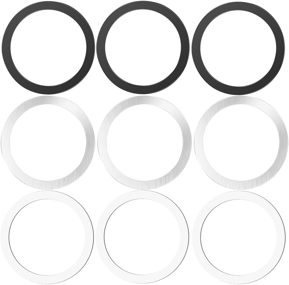 Metal Rings,Ultra-Thin(0.4mm) for MagSafe Sticker,Magnetic Adapter,Phone Cases&Wireless Charger,Compatible with iPhone 16/15/14/13,Galaxy S24/S23/S22/Kindle (3Black & 3White & 3Silver)