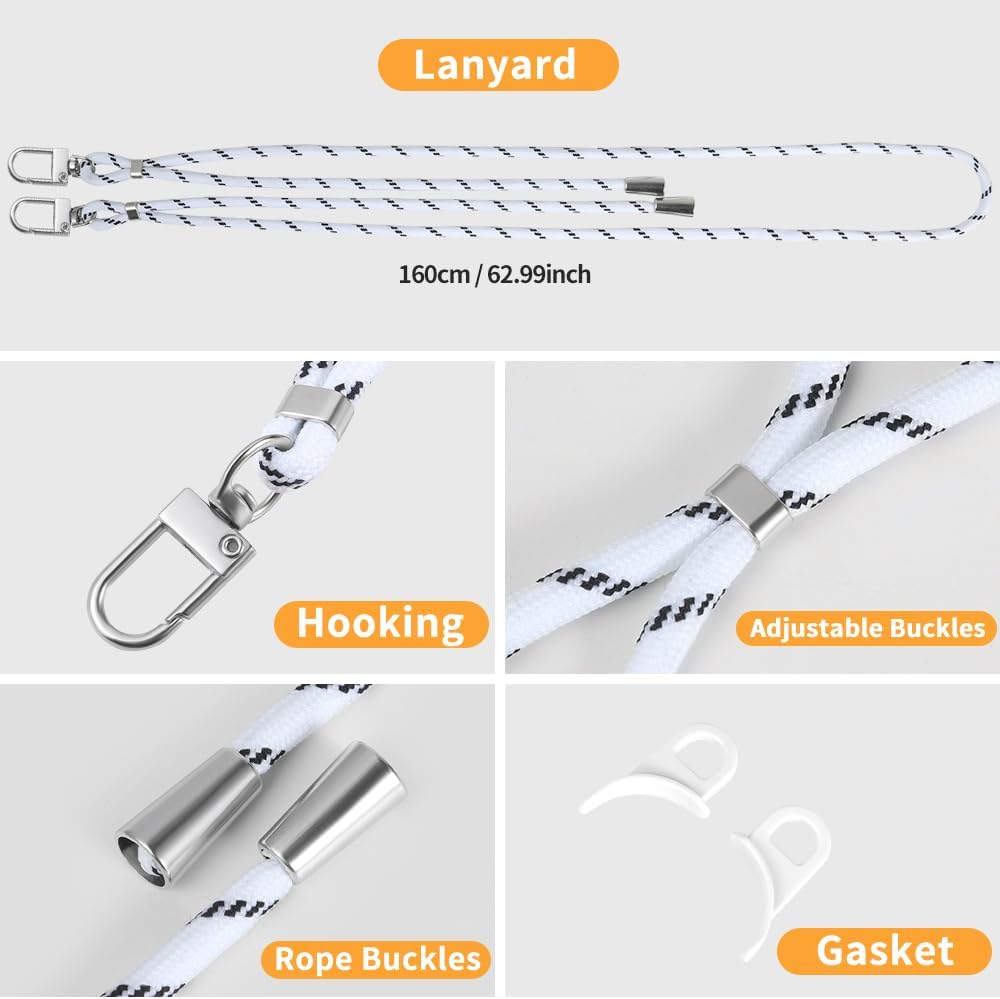 for iPhone 16 Case with 62.99 inch Lanyard, Classic Clear&White Magnetic Phone Case, Drop&Shockproof Protection Cases, Phone Lanyard for Around The Neck, Compatible with Magnet Accessory