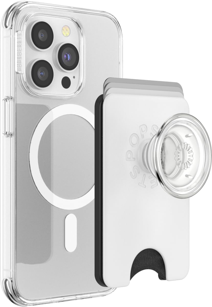 PopSockets Phone Wallet with Expanding Grip and Adapter Ring for MagSafe, Phone Card Holder, Wireless Charging Compatible, Wallet Compatible with MagSafe - White Clear