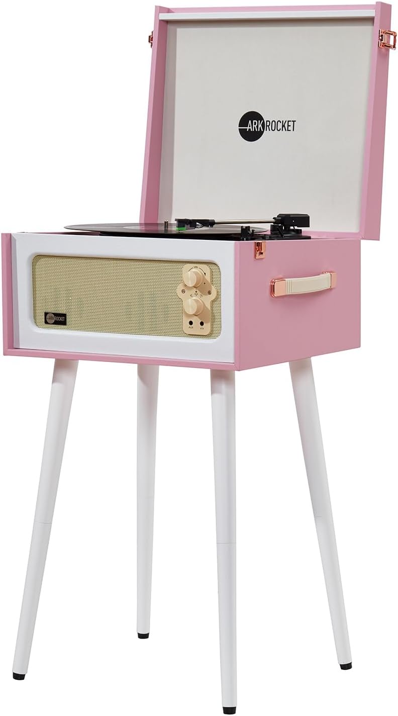Arkrocket Discovery II 3-Speed Bluetooth Record Player Retro Console Turntable with Built-in Speakers and Removable Legs (Pink/White)