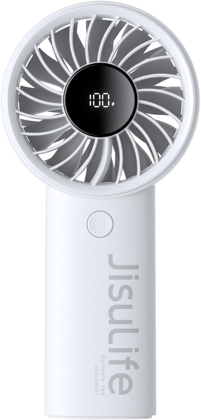 JISULIFE Handheld Portable Fan with Powerful Motor,LED Display,5000mAh Battery,5 Wind Speeds,Lanyard; Summer Essentials USB Rechargeable Hand held Fan for Travel,Beach,Makeup,Concerts-Gery