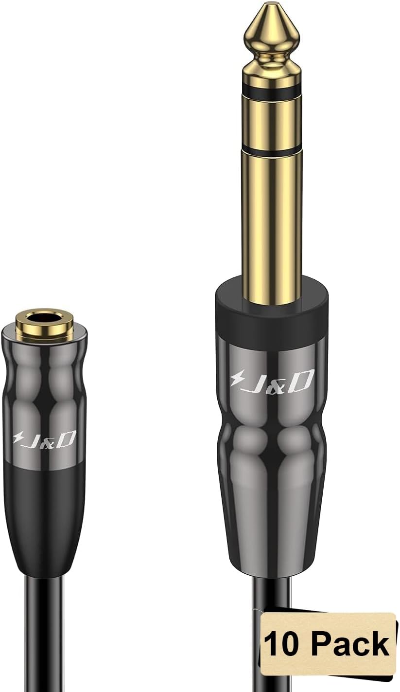 J&D 1/4 inch to 3.5mm Headphone Adapter, Heavy Duty Copper Shell Connecter Joint 3.5mm 1/8 inch Female TRS to 6.35mm Male TRS Stereo Audio Extension Cable (6 Feet 10 Pack)