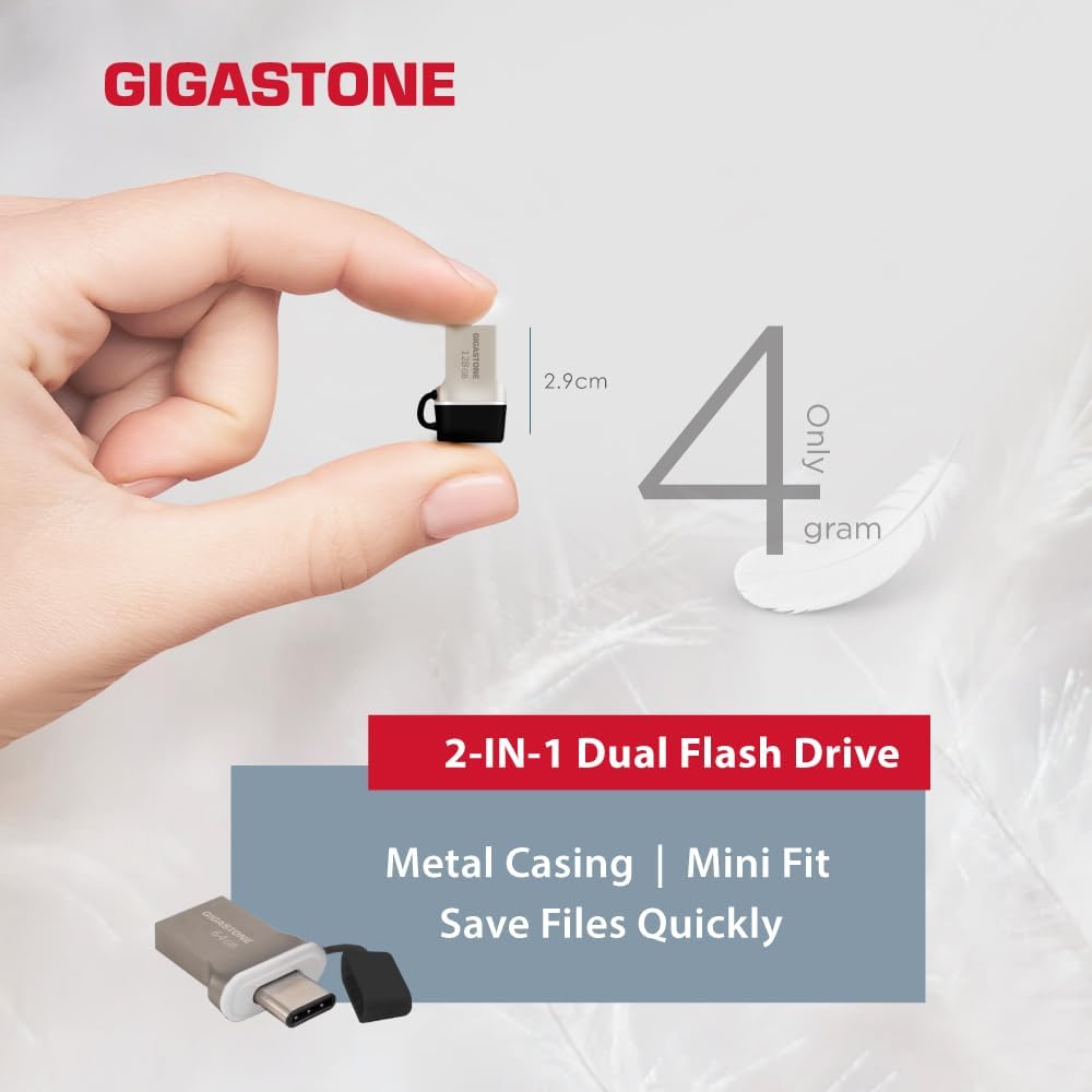 GIGASTONE 128GB Nano Luxus Dual Drive, Z50 USB 3.2 Gen 1, 2-in-1 USB-A & Type-C, 100MB/s Ultra Fast, Cap Design, Metal, Plug & Play for Smartphone/PC/Mac/TV/Car, 2.0/3.0/3.1 Compatible