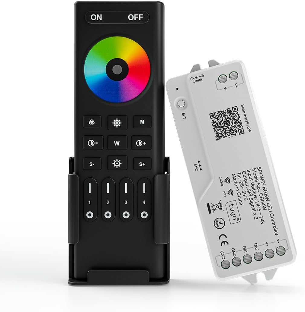 BTF-LIGHTING 2.4G WiFi DR04W SPI RGBW Controller RC03RF RF Remote Tuya APP/Smart Life/Google Home/Alexa Control Support SK6812RGBW SMD/FCOB WS2814 IC etc Addressable RGB+W LED Strip STA Mode