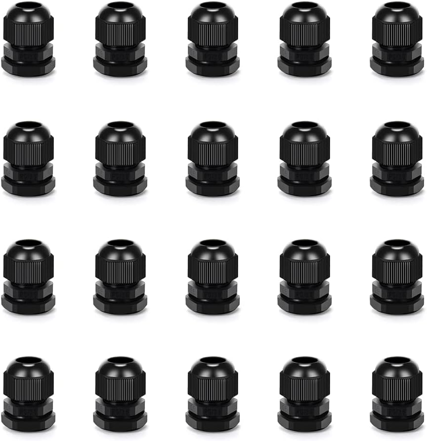 Cable Gland 20 Pack Plastic Waterproof Adjustable Connector 6-12mm PG13.5 Strain Relief Cord Connectors Joints Nylon with Gaskets
