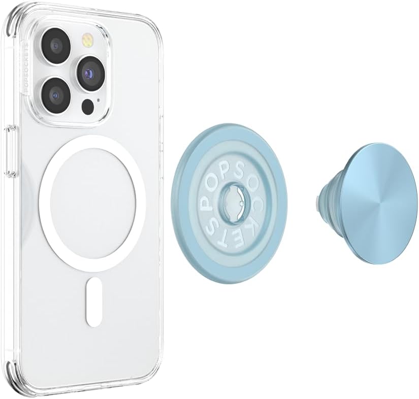 PopSockets Phone Grip for MagSafe with Kickstand, Magnetic Stand, Swappable Top, Secure Hold for iPhone MagSafe Cases, Phone & Tablet Grip -Light Blue