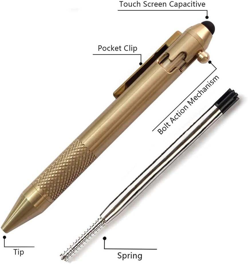 Cool Hand 4.9'' Brass Bolt Action Pen with Retractable Stylus Tip for Any Touch Screen, Ballpoint Ink Refillable, Compact Size, Skelton Out Deep Pocket Clip (Brass)