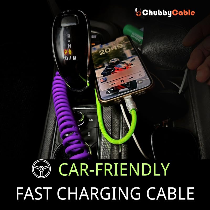 Chubbycable Colorblock Chubby - Spring Braided Silicone Charge Cable, Coiled USB C Cable, 2.29FT-3.6FT, Fast Charging, Purple+Green, Type-C to Type-C, Car & Desktop