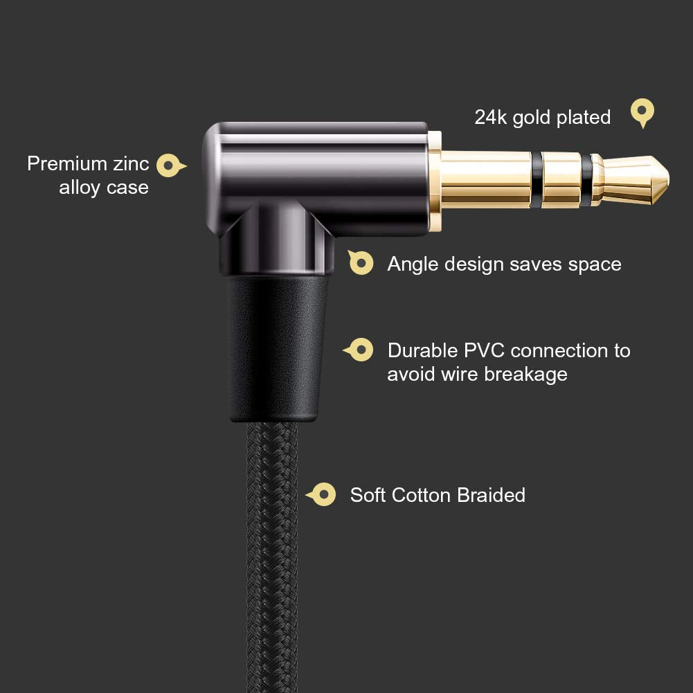 CableCreation 3.5mm Audio Cable 10FT/3M, 3.5mm Right Angle Male to Male Auxiliary Stereo HiFi Cable with Silver-Plating Copper Core for Car Stereos, iPhones,Tablets, 24K Gold Plated, Black