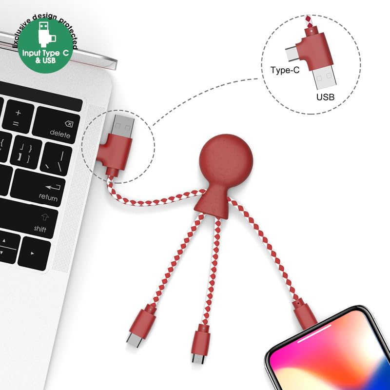 Multi USB Cable 4 in 1 - Universal Charger Made from Recycled Plastic - USB, USB-C, Lighting, Micro USB Ports - Compatible with All Smartphones Mr Bio RED Octopus