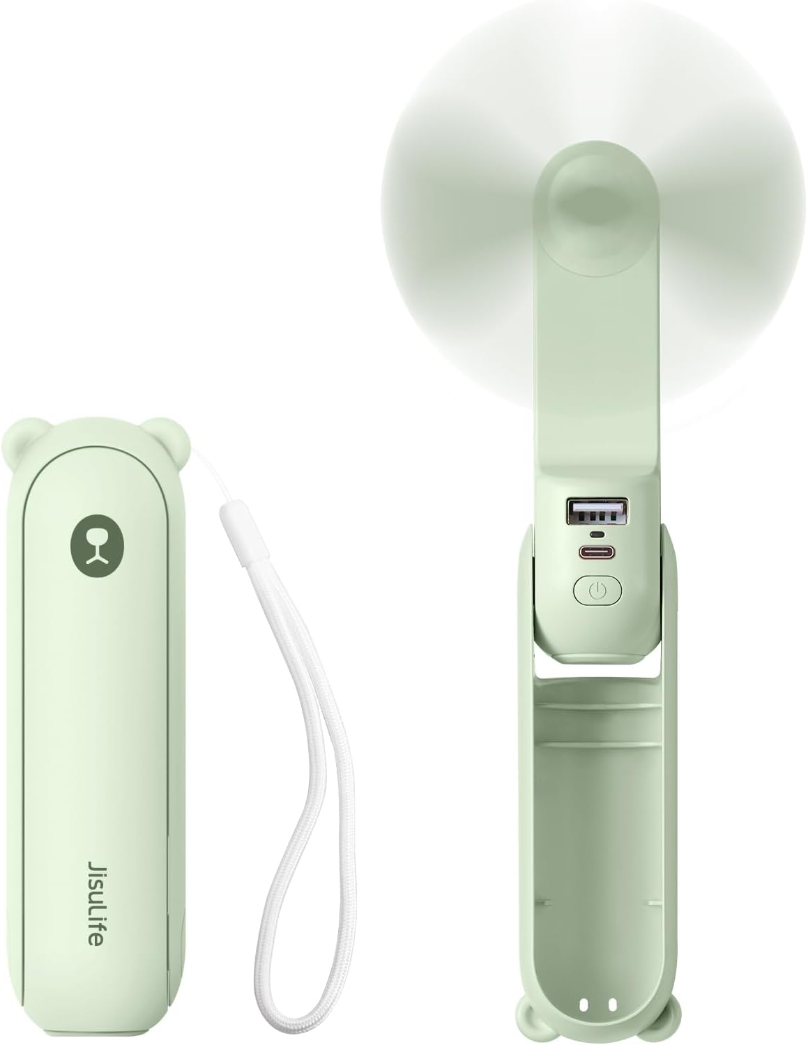 JISULIFE Handheld Mini Fan, 3 IN 1 USB Rechargeable Portable Fan [12-19 Working Hours] with Power Bank, Flashlight, Pocket Design for Travel/Summer/Concerts/Lash, Gifts for Women(Green)