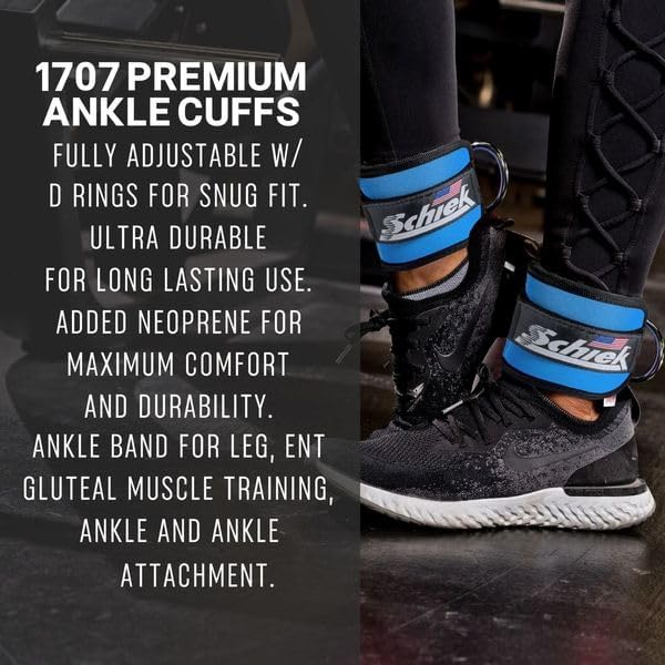 Schiek Sports 1707 Ankle Cuffs - Ideal for Glute Kickbacks and Cable Machine Workouts - Durable and Built To Last