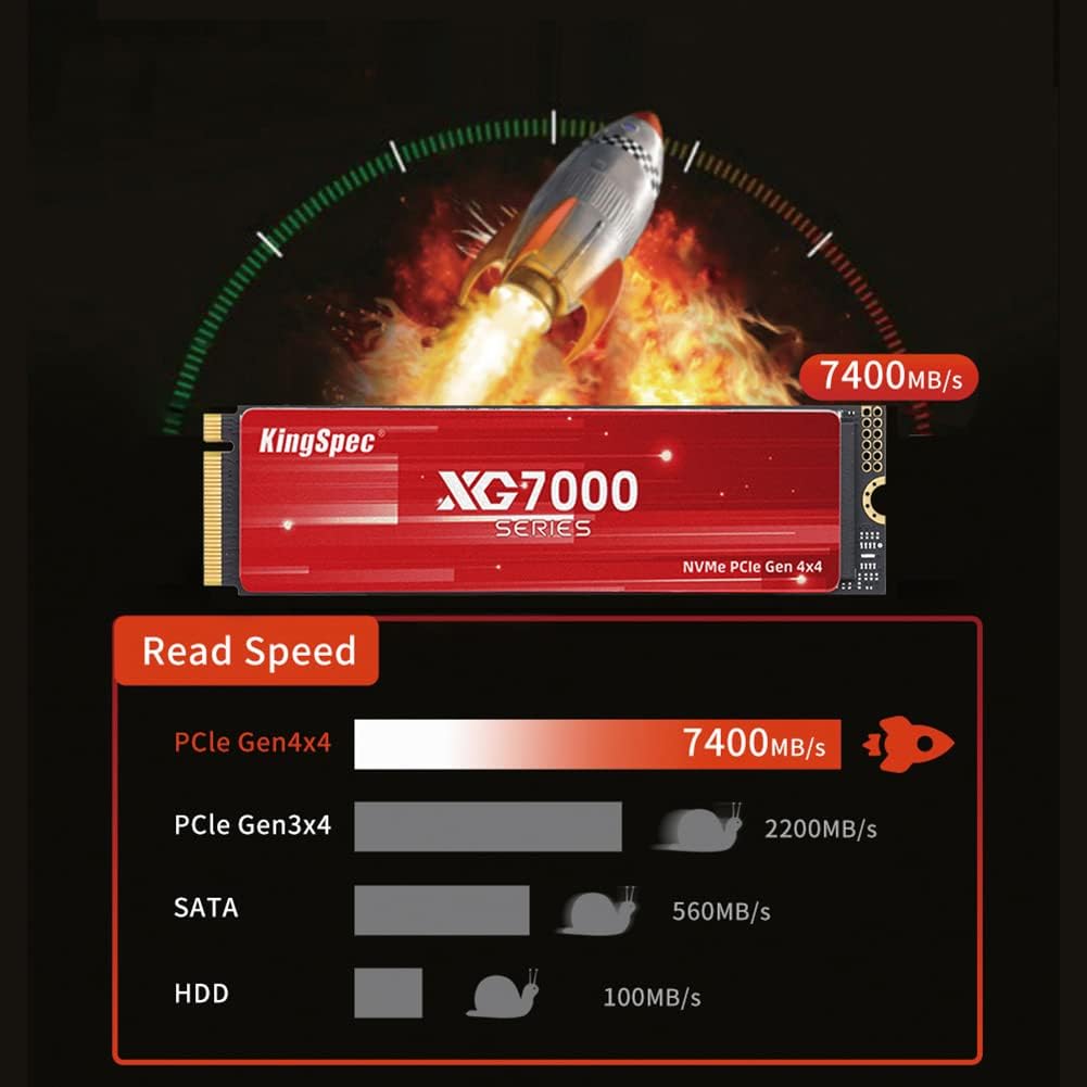 KingSpec XG7000 2TB NVMe SSD PCIe 4.0-7400MB/s Read Speed, 3D TLC NAND M.2 2280 Internal SSD, Compatible with Gaming PC, Laptop, PS5 Console