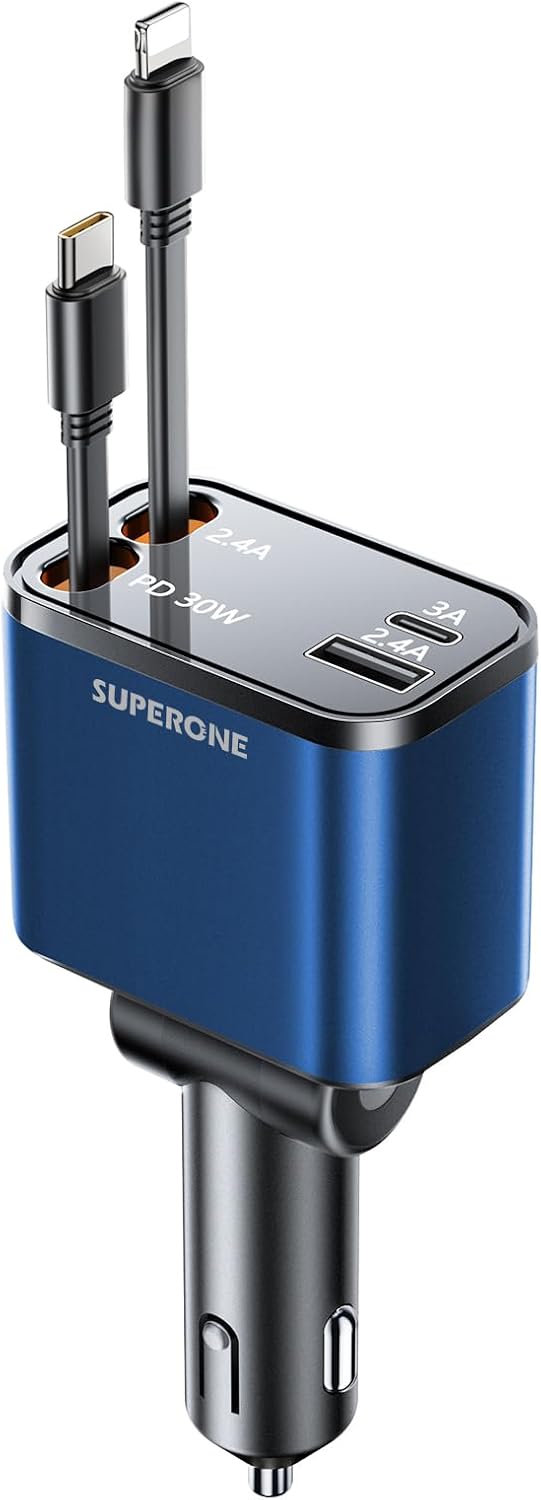 [2024 Upgraded] 4 in 1 Retractable Car Charger, SUPERONE Smaller Fast Car Phone Charger 69W with Cord, USB C and iPhone Car Charger Adapter, Compatible iPhone 15/15 Pro Max/14/13/12/11, Sumsung