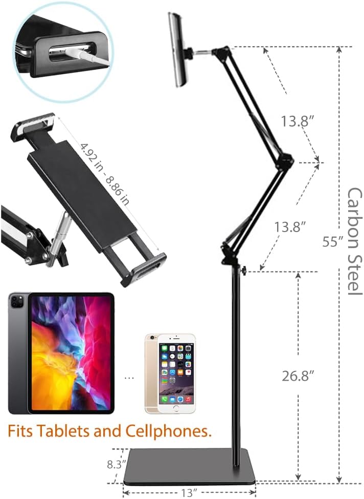 Tablet Floor Stand with Double Weight Base, Overhead Bed Phone Mount Height Adjustable Arm Stretchable Stand Holder, Compatible with iPad Mini Air Pro, Galaxy Tab, Kindle, Switch, Cell Phones