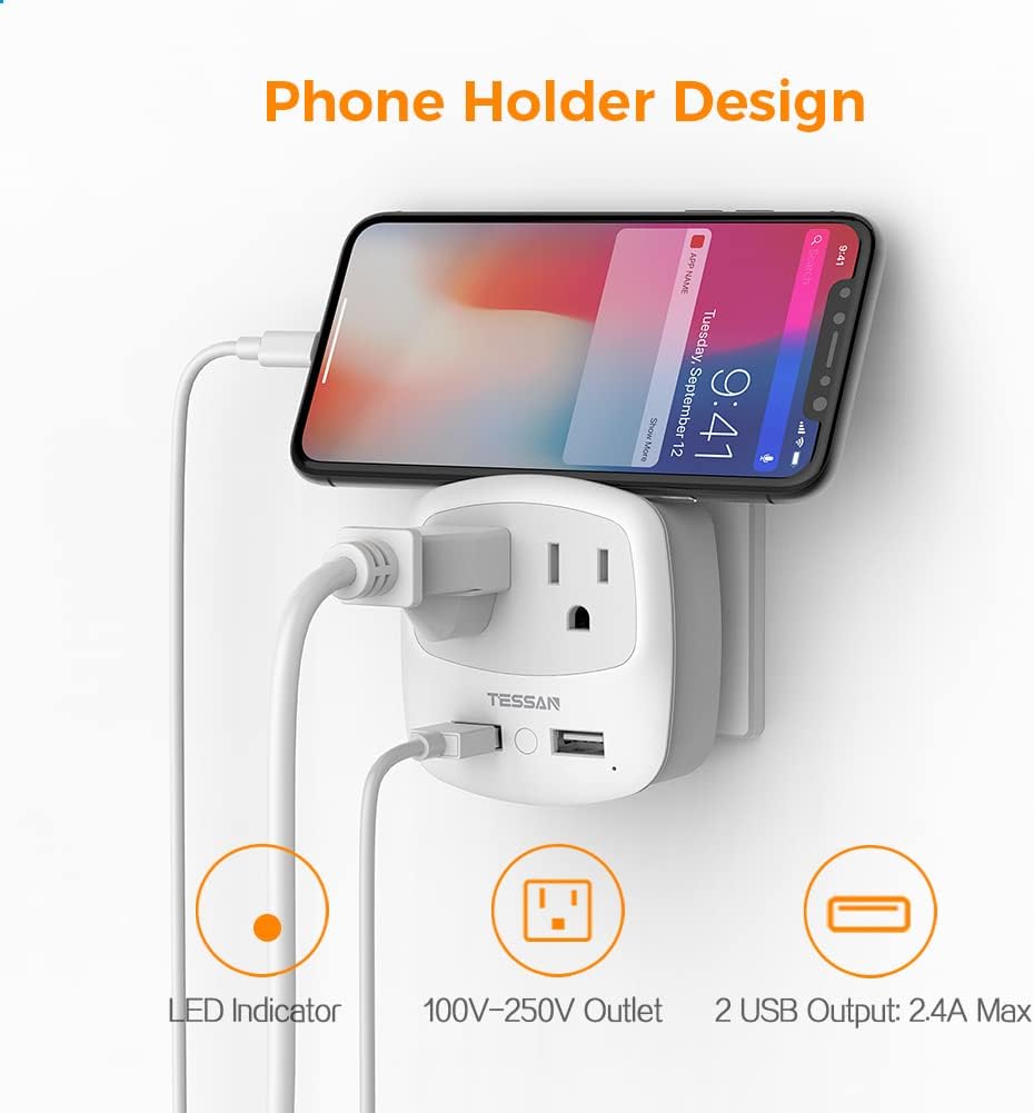 TESSAN Germany France Power Adapter, Type E F Plug Adaptor with 2 USB Ports 2 AC Outlets, US to European Europe German French Spain Greece Iceland Norway Russia Korea Poland
