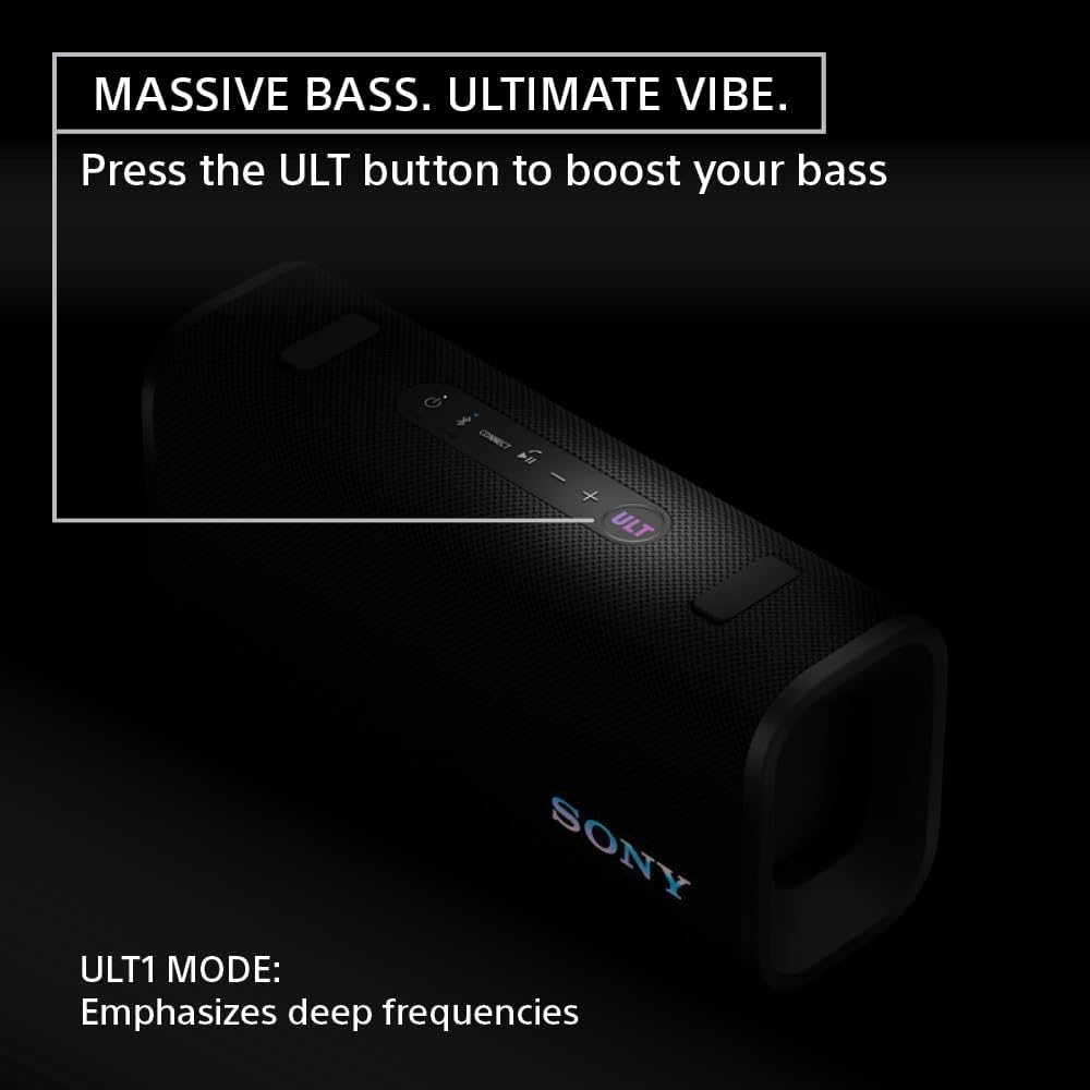 Sony ULT Field 3 Wireless Portable Bluetooth Speaker, IP67 Waterproof, Dustproof, Rustproof, and Shockproof with Enhanced Bass, 24 Hour Battery and Shoulder Strap (SRSULT30B), Black