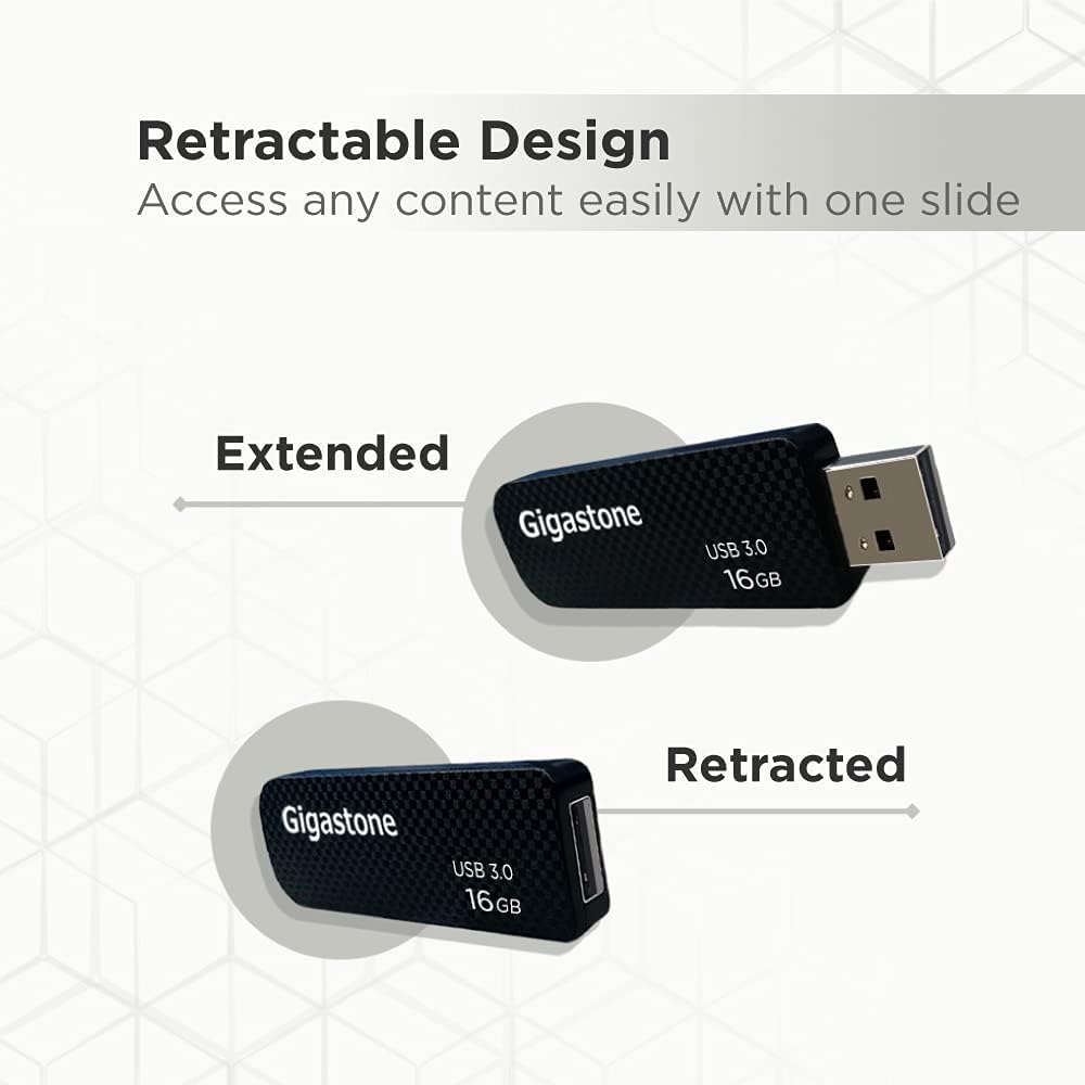 Gigastone Z30 16GB USB3.0 Flash Drive, Capless Retractable Design Pen Drive, Carbon Fiber Style, Reliable Performance & Durable