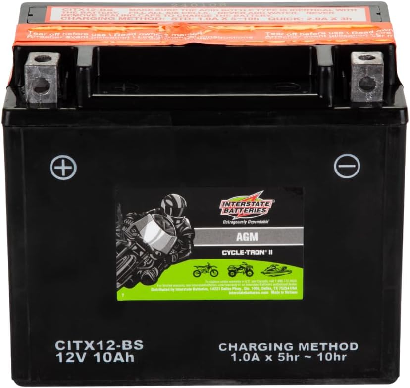 Interstate Batteries YTX12-BS 12V 10Ah Powersports Battery 175CCA AGM Rechargeable Replacement for Honda, Kawasaki, Suzuki Motorcycles, Scooters, Bikes, ATVs, UTVs (CITX12-BS)
