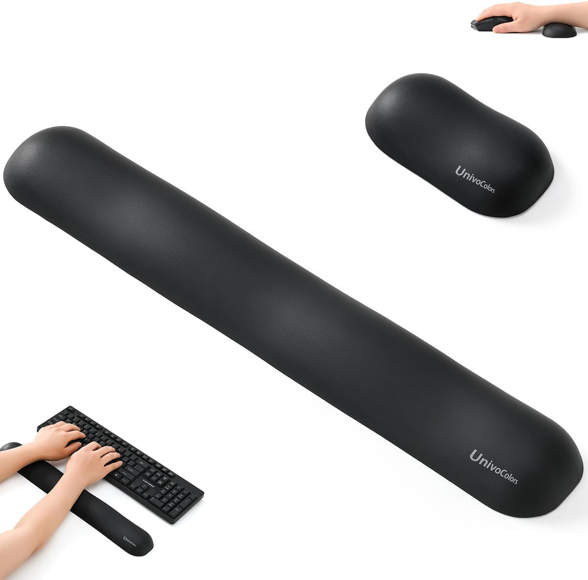 UnivoColors Design-Wave Set of Wrist Rest,Artificial Sheepskin+Memory Foam+Ergonomic+Anti-Slip Gel, Resilience Support During Work and Gaming,Keyboard Accessory,Black