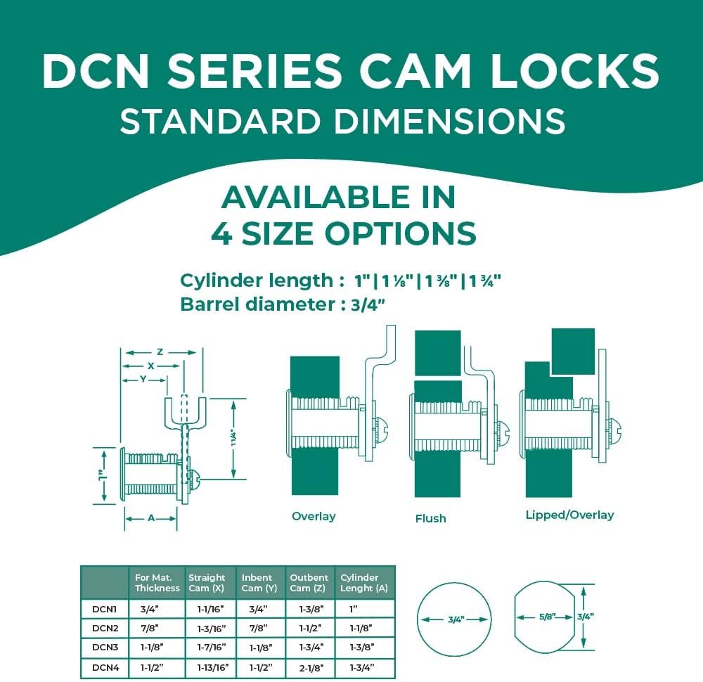 Olympus Lock DCN2 Rekeyable Cam Lock | 1-1/8" Cylinder KD Key, Keyed Different | US26D Chrome Cabinet Lock | Grade 1 | Reversible for Doors & Drawers