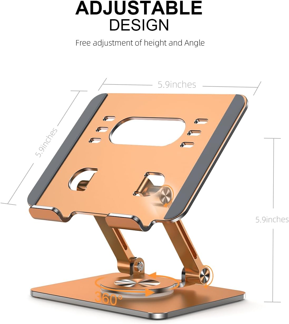 Tablet Stand Holder with Thickened 360°Rotating Base Dual Rod Adjustable Aluminum Stand for All 5.8-12.9” iPad Samsung Phone Tablet Kindle E-Reader and More, Gold