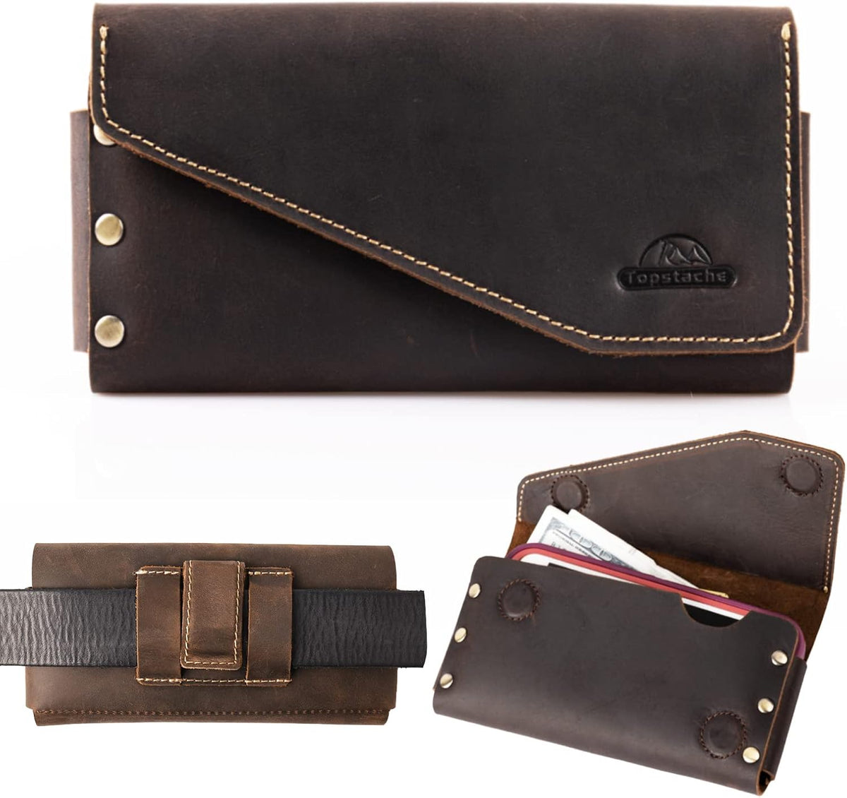Topstache Leather Phone Holster with Belt Clip for Galaxy S23,iPhone 14,14 Pro,Leather Belt Pouch for Universal Smartphone with Otterbox Case,Flip Cellphone Pouch,L,Darkbrown