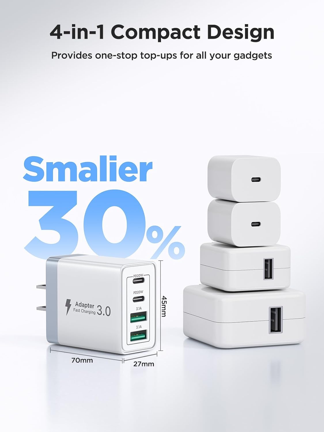 2 Pack USB C Wall Charger, 40W 4-Port USB C Fast Charger Block Dual Port QC+PD 3.0 Power Adapter, Multiport Type C Brick Charger with Lightning Cable for iPhone 14 13 12 11 Pro Max XS XR X 8 7 6 Plus