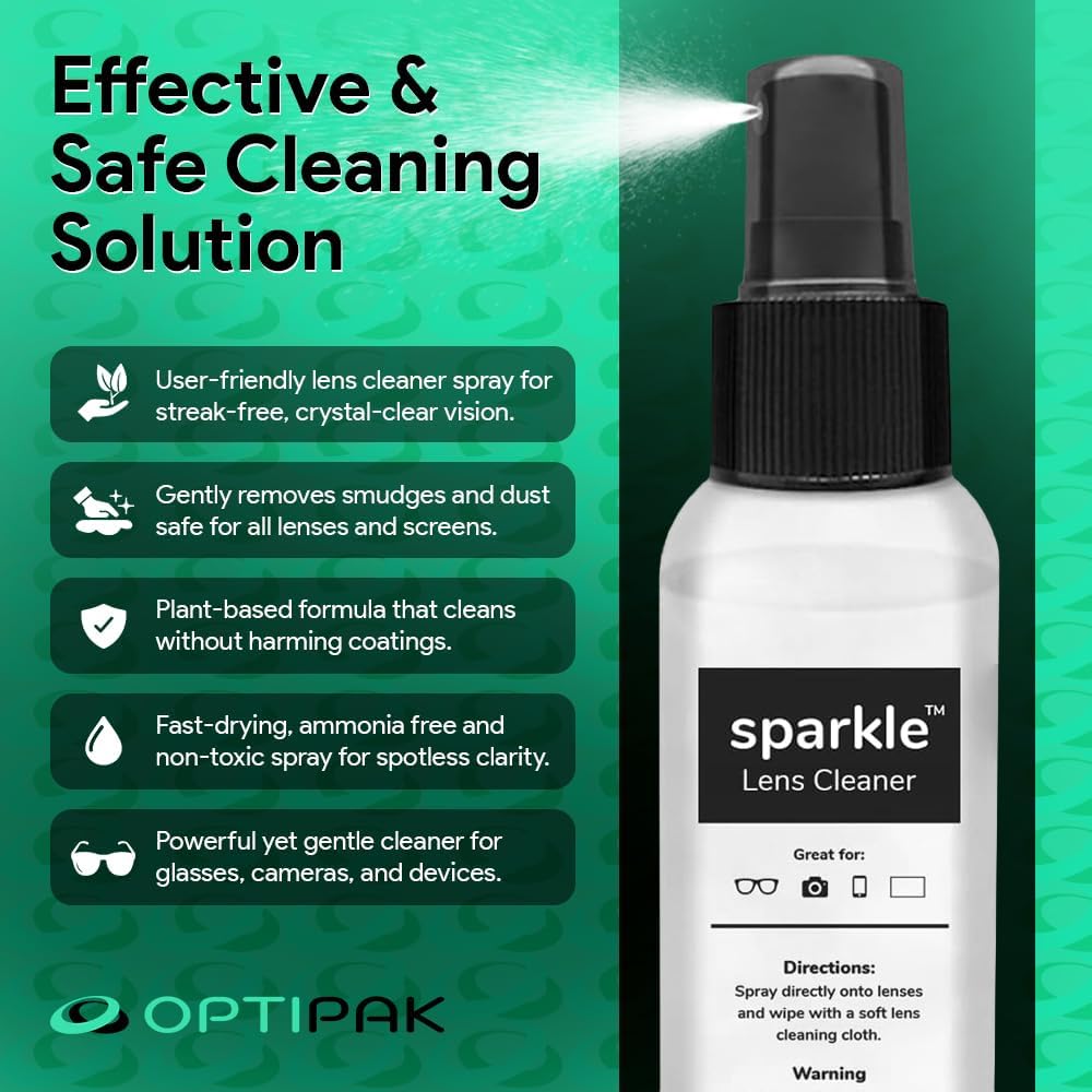 Sparkle Anti-Reflective Lens Cleaner Spray kit | (1) 2oz Glasses Cleaner Spray + (1) Microfiber Cloth for Eyeglasses, Sunglasses, Lenses, Screens and Camera Cleaning Kit (2 Piece Set)