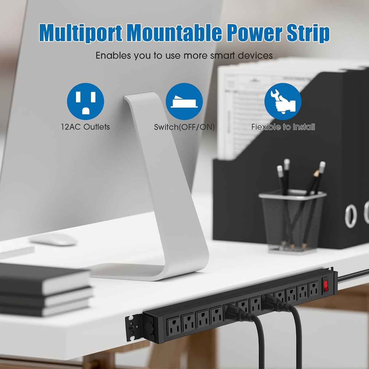 HHSOET Rotating Mountable Power Strip, 12 Outlet Wall Mount Surge Protector, Metal Heavy Duty and Versatile Outlet Strip, Stylish Appearance, Sturdy and Durable, 10ft Power Cord.(Black)