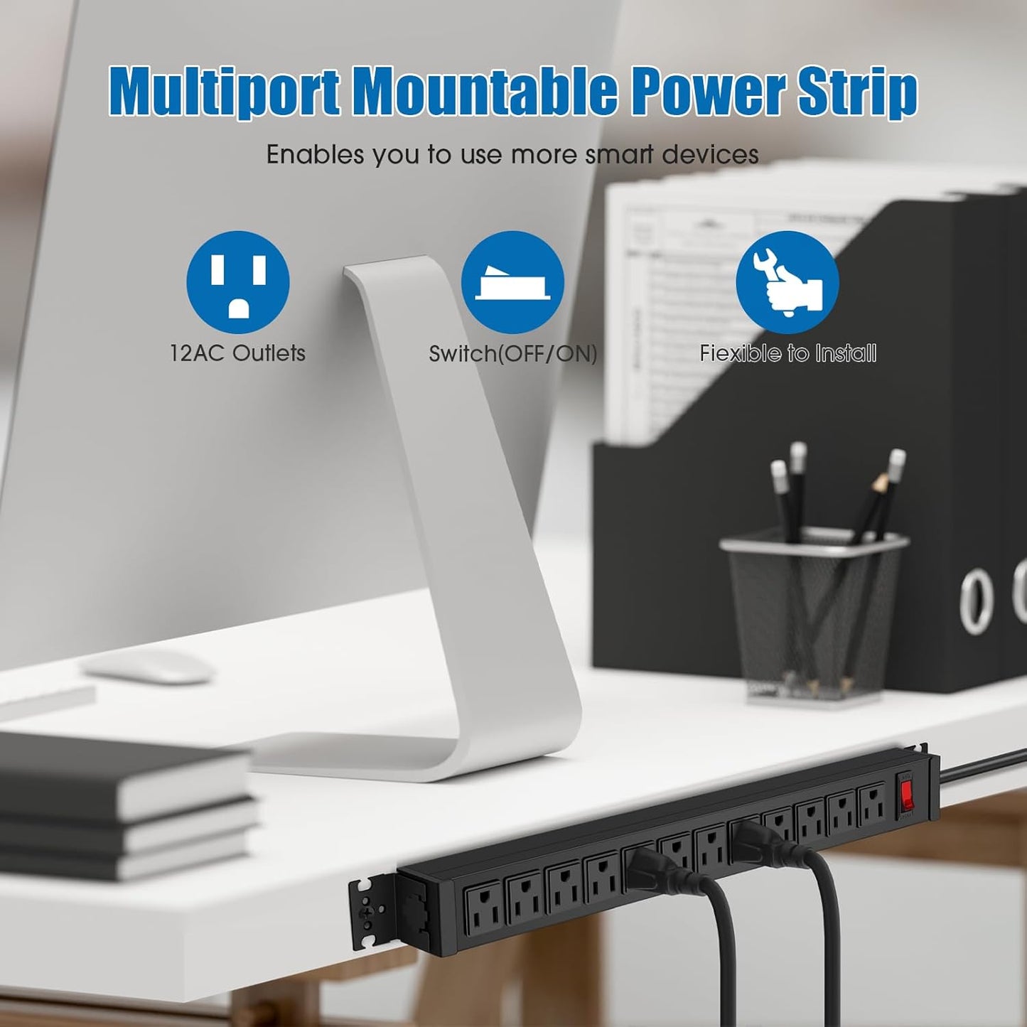 HHSOET Rotating Mountable Power Strip, 12 Outlet Wall Mount Surge Protector, Metal Heavy Duty and Versatile Outlet Strip, Stylish Appearance, Sturdy and Durable, 15ft Power Cord.(Black)