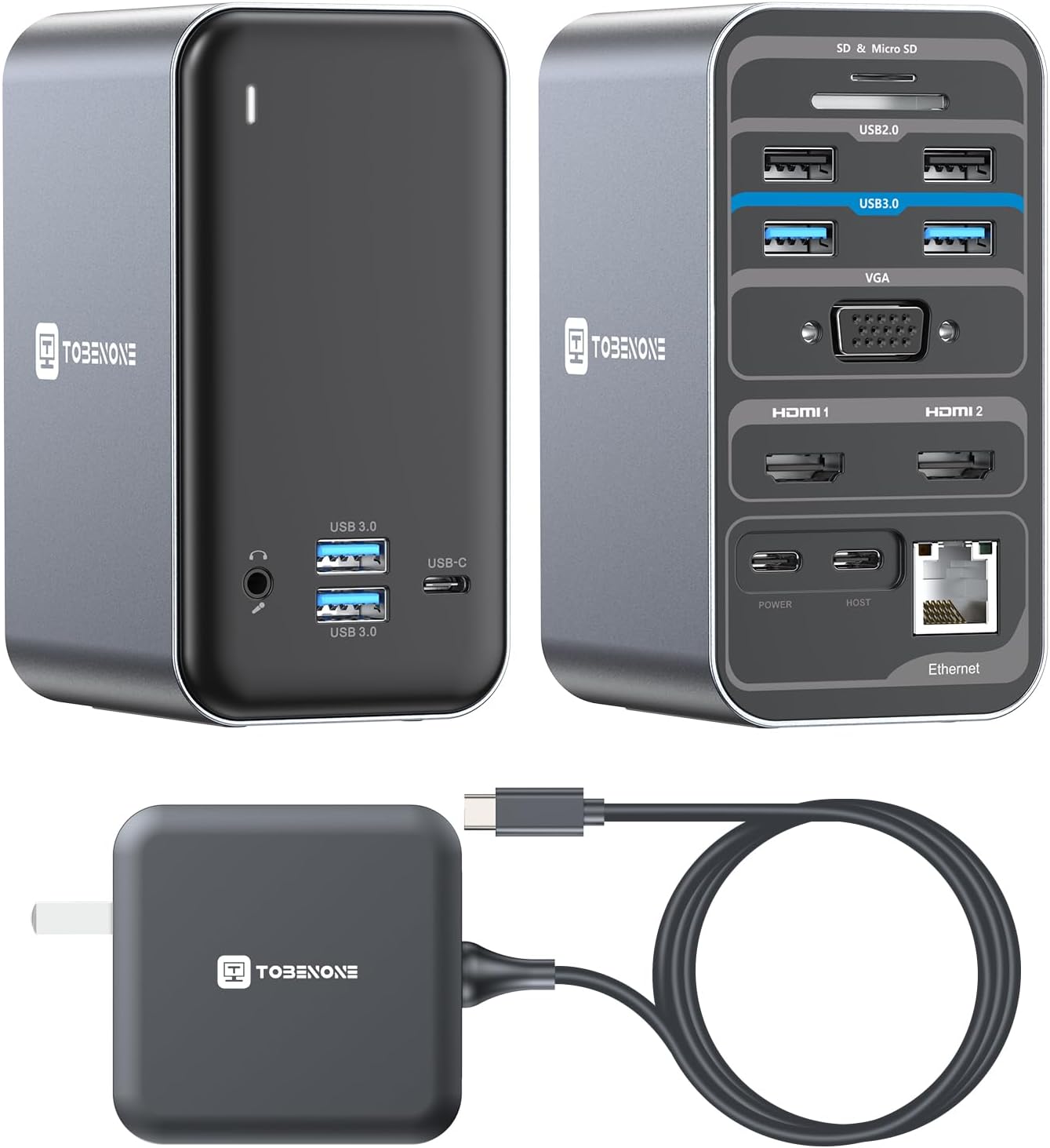 TobenONE USB C Docking Station Dual Monitor with 100W GaN Charger, Laptop Dual HDMI Docking Station with 7 USB, SD/TF, Ethernet, and Audio/Mic, 15 in 1 USB C Dock for Windows, and ChromeOS