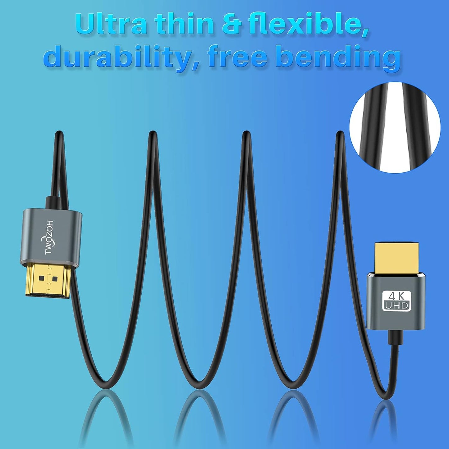 Twozoh Ultra-Thin HDMI to HDMI Cable 3.3FT, Hyper Slim HDMI 2.0 Cable, Extreme Flexible HDMI Cord Support 3D/4K@60Hz, 2160P, 1080P