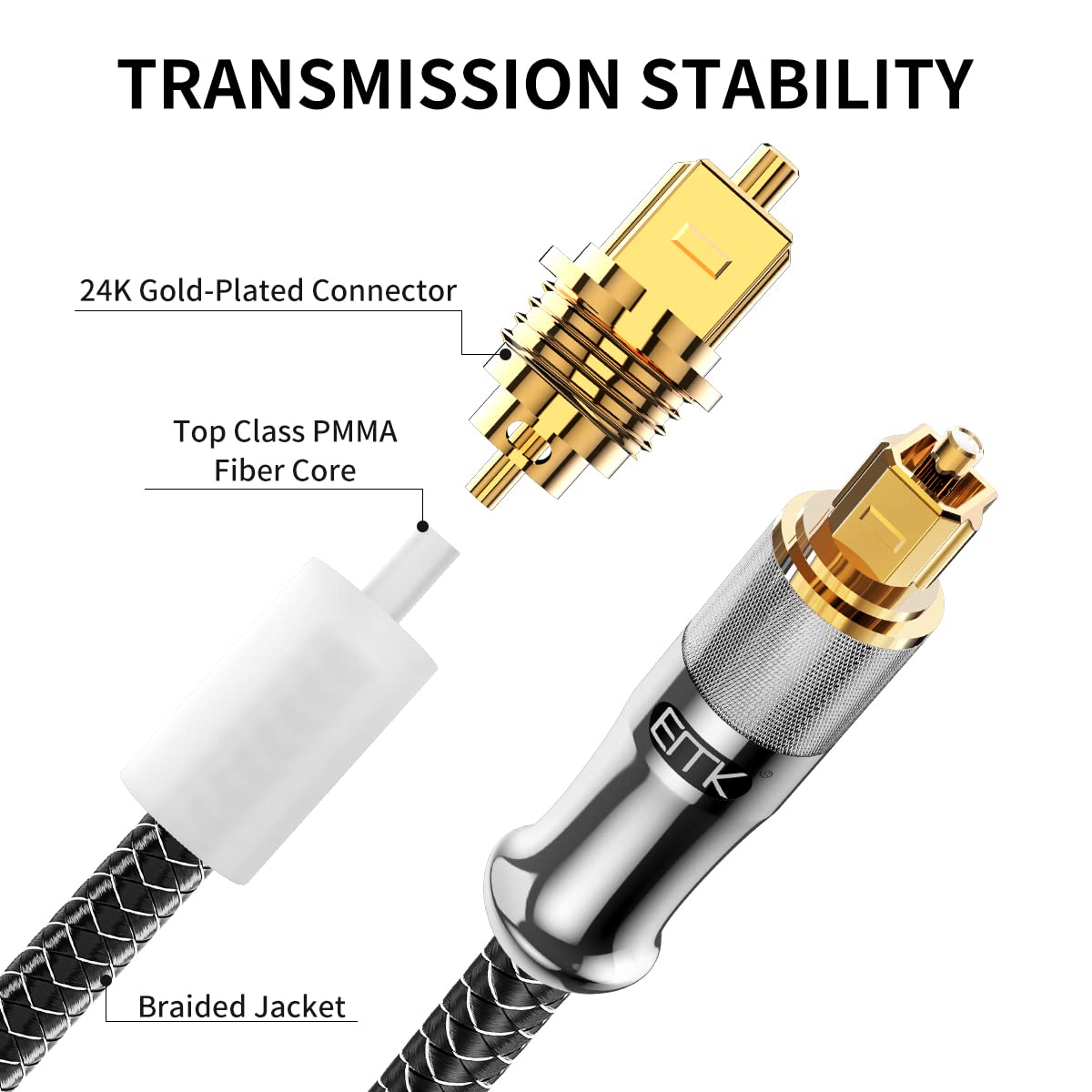 EMK 24K Gold-Plated Optical Audio Cable [8ft/2.4M] - Digital Toslink SPDIF Cable Compatible with Soundbar to TV, Home Theater - High-Speed Fiber Optic Cable (Silver)