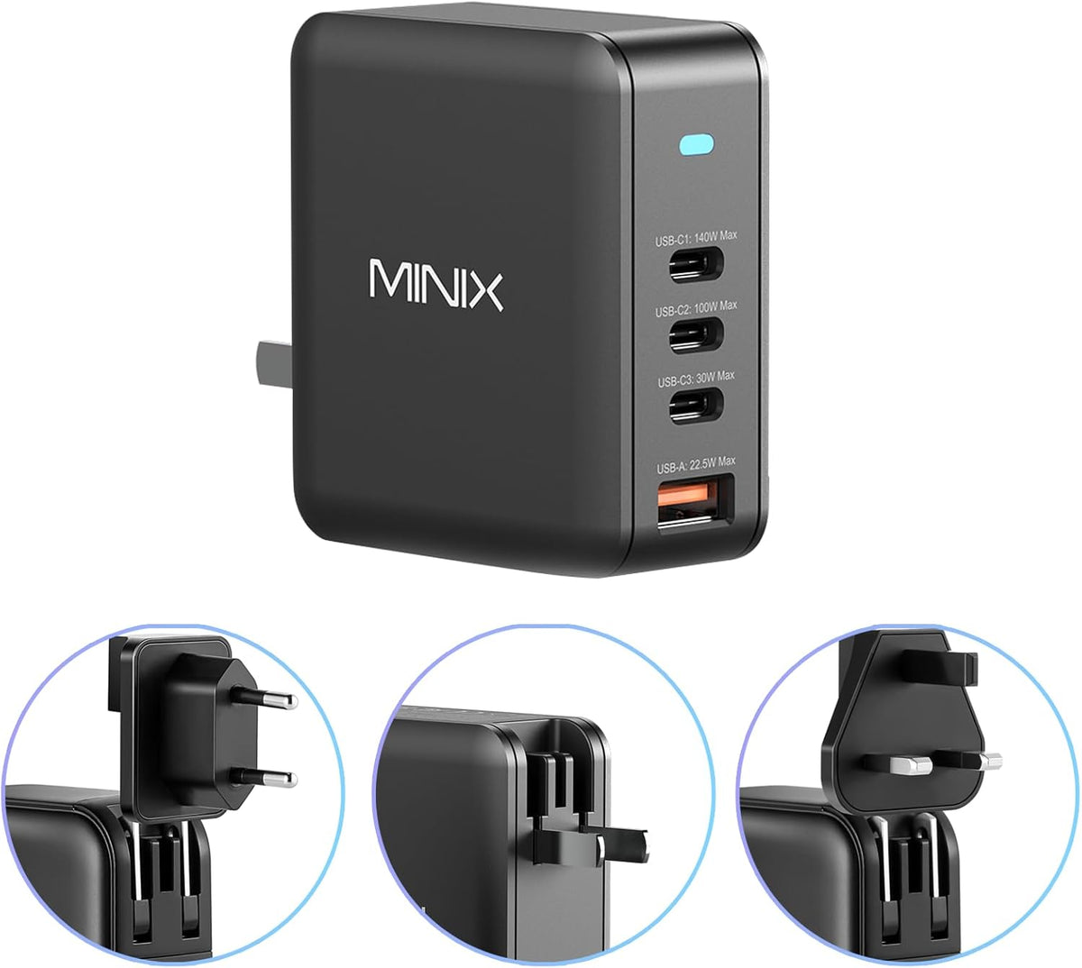 MINIX 165W USB C Charger,GaN II Charger PD3.1 Max 140W,Turbo 4-Port Charging Adapter, Fast Charging Station, Compatible with MacBook Pro/iPad Air/iPhone15 14 13Pro Max/Galaxy S24 Ultra and More