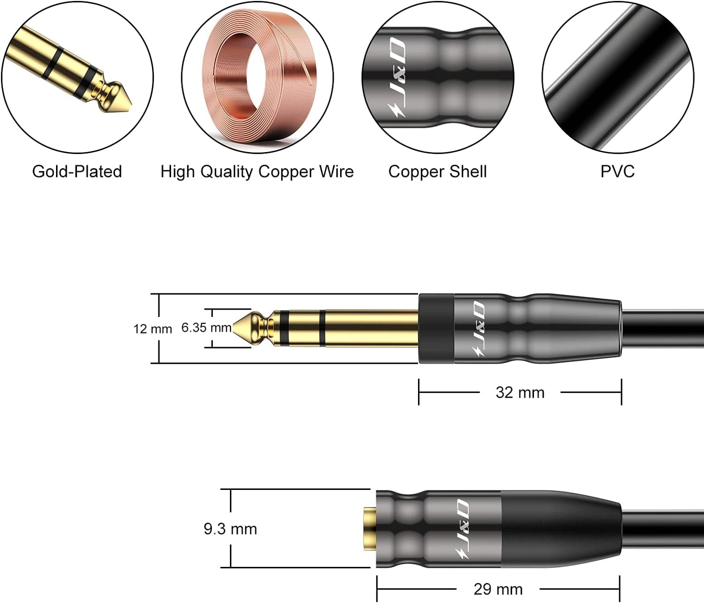 J&D 1/4 inch to 3.5mm Headphone Adapter, Heavy Duty Copper Shell Connecter Joint 3.5mm 1/8 inch Female TRS to 6.35mm Male TRS Stereo Audio Extension Cable, 3 Feet