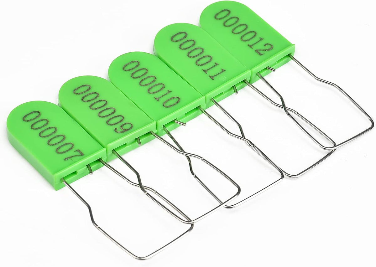 500PCS Plastic Padlock Security Seals Metal Wire Padlocks Electric Meter Lockout Tags Self-Locking Numbered Anti Tamper Seal Tags Green