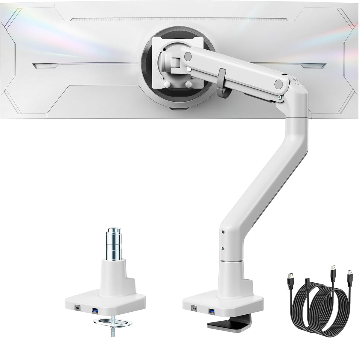 monTEK Single Monitor Arm with USB A/C, Ultrawide Monitor Stand for 17 to 57 Inch Curved Screen, Holds 59.4 lbs, Adjustable Gas Spring Arm, 75/100 VESA Mount, Clamp & Grommet Desk Mount, White