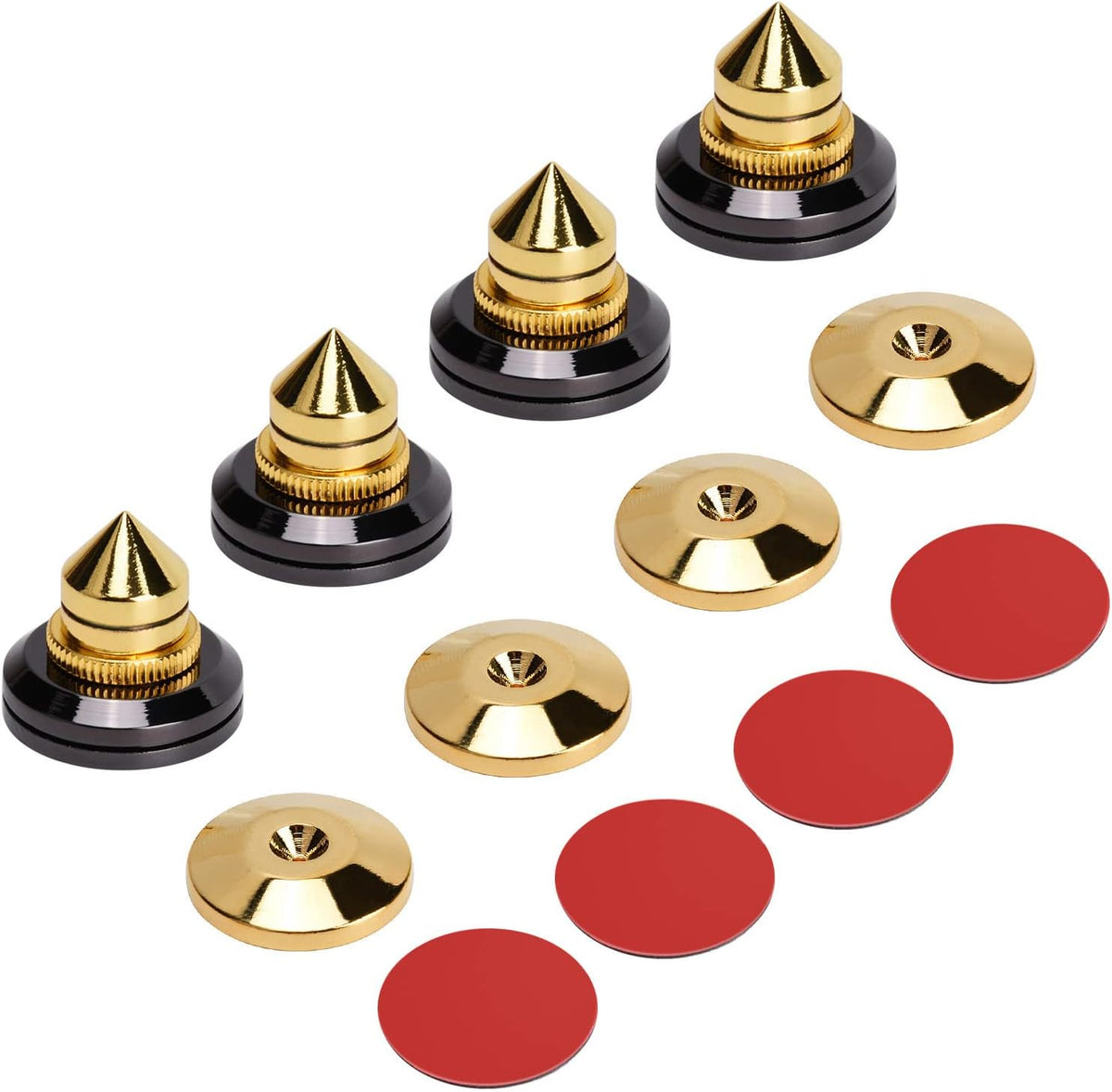 Facmogu 4PCS Golden Speaker Isolation Spikes with Plated Speaker Spikes Pads Mat, Speaker Spikes & Speaker Spike Pad Kit with Double-Sided Adhesive for Subwoofer CD DVD Player Audio Amplifier Recorder